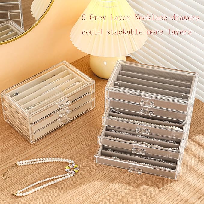 5 Drawerss Necklace Organizer Box, Tray with Clear Lid, Dustproof Velvet Necklaces Holder Storage Display Case, Gery Necklace Tray Drawer Insert for Pendant Suitable for Women and Girls (25 grids)