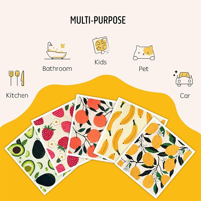 Augine Swedish Dishcloths for Kitchen, Swedish Dish Cloths 5 Pack, Super Absorbent Reusable Paper Towels Washable, Biodegradable, Quick Drying, Dishwasher Safe