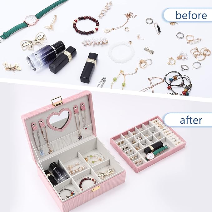 Dajasan Jewelry Boxes for Women Girls, Jewelry Organizer Box, 2-Layer Large Velvet Jewelry Organizer for Rings Necklaces Bracelets Watch Earring（Pink）