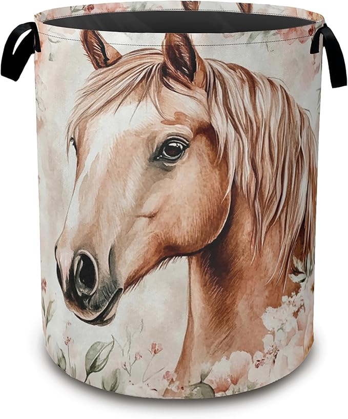 Laundry Hamper,Watercolor Horse Laundry Basket,Colorful Flowers Waterproof Oxford Cloth Storage Basket with Handle for Clothes Books Nursery Home Storage Sundries 16"x20"