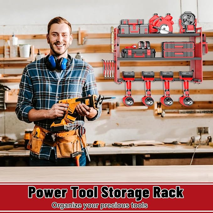 FaloStwer Modular Power Tool Organizer Wall Mount, Garage Drill Storage Shelf with Hooks, Heavy Duty Metal Premium Garage Tool Shelf, Gift for Man Cordless Tool Storage Rack (Red)