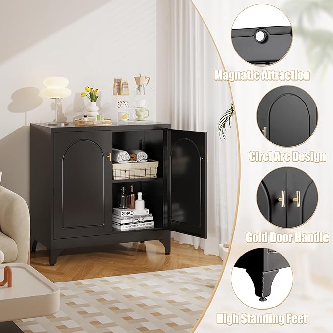 Metal Storage Cabinet with 2 Doors, 33"H Black Sideboard Cabinet, Small Kitchen Cabinet with Adjustable Shelf, Coffee Bar Cabinets, Storage Cabinets for Bedroom, Living Room, Kitchen, Office