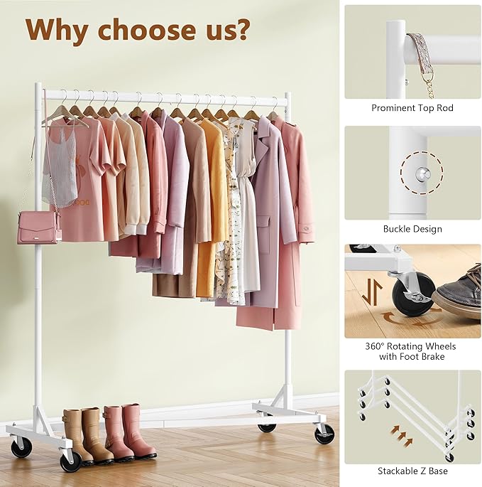 Hoctieon Z Rack Set of 2, Rolling Clothing Racks with Z-Base, Heavy Duty Garment Racks Set of 2, Clothes Rack on Wheels with Brakes, Clothes Organizer Rack Set of 2, White