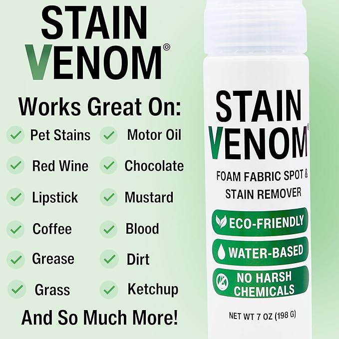 Stain Venom Foam Multi-Use Laundry and Fabric Stain Remover - 7 oz Bottle - Free From PFAAS, PFOS, PFOA, VOC’s, And 1,4 Dioxane- Works On Fresh Pet Stains, Red Wine, Blood, Lipstick, Motor Oil, Coffee