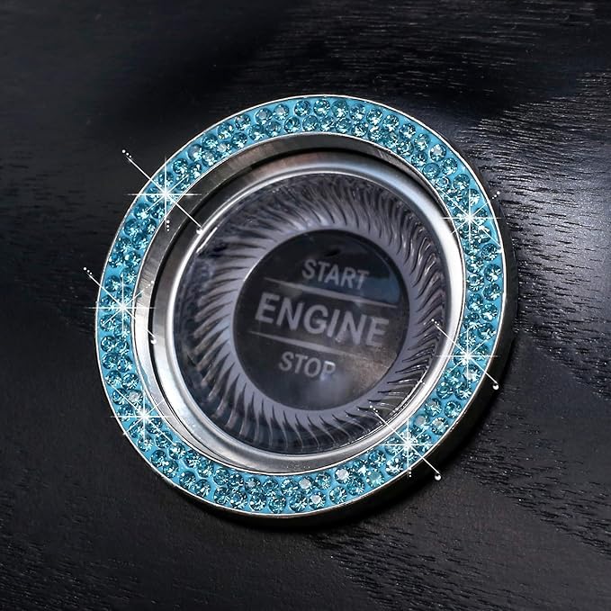 ToBeQueen Push to Start Button Ring Emblem Sticker 2Pcs Diamond Car Ring Stickers Rhinestone Car Accessories Interior for Women,Cute Car Decals Ignition Accessories Blue