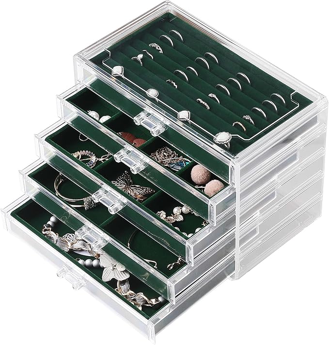 Frebeauty Extra Large Acrylic Jewelry Box for Women 5 Layers Clear Jewelry Organizer Velvet Earring Box with 5 Drawers Rings Display Case Necklaces Holder Tray for Women Girls(Blackish Green)