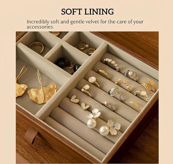 KINTNESS Wooden Jewelry Box With Key, 5 Layers Lockable Large Jewelry Organizer for Women Girls, Walnut Texture for Bracelet, Necklace, Ring