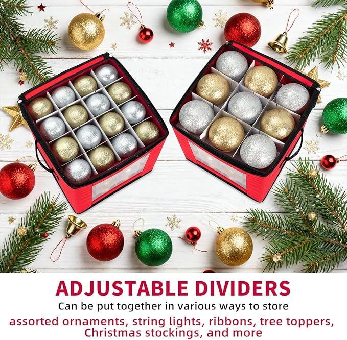 Christmas Ornament Storage Box With Adjustable Dividers,Ornament Storage Container with Two Handles for 64Holiday Decorations,Red