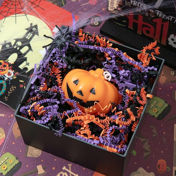 Mefleet 1 LB Halloween Crinkle Cut Paper Shred Filler Orange & Purple & Black Crinkle Shredded Paper for Boo Basket - Gift Box Bag Filler - Grass Cushion Stuffing for Halloween Wrapping