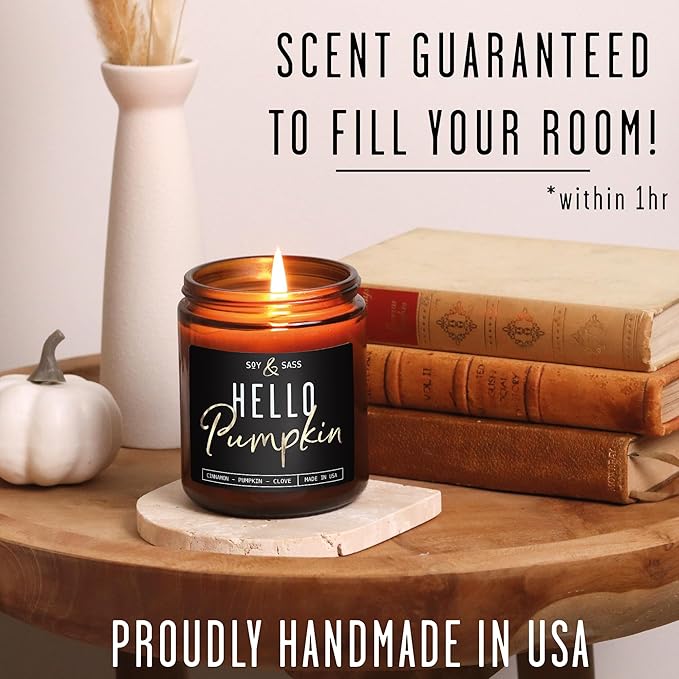 Pumpkin Spice Candle, Fall Candles - 'Hello Pumpkin' Pumpkin Candle I Infused w/Essential Oils I Autumn Scented Soy Candles for Home I Fall Home Décor I 9oz Reusable Jar, 50Hr Burn, Made in USA
