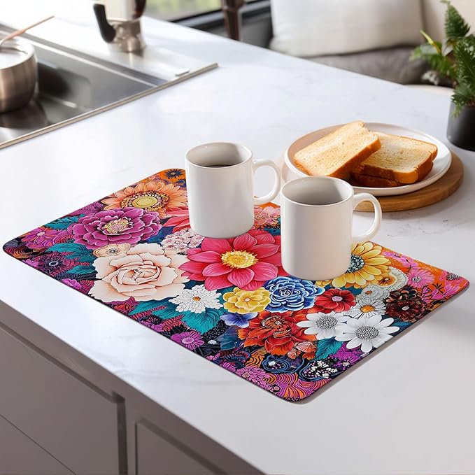 Boho Floral Dish Drying Mat For Kitchen Counter Microfiber Super Absorbent Non-Slip Dish Drying Pad For Countertops Dishes Utensils Stylish Quick-Dry Machine Washable 18x24 Inch