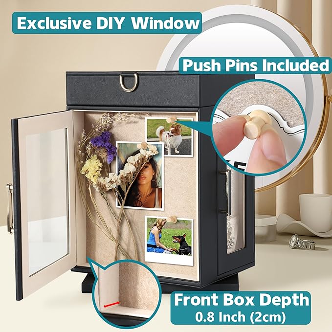 Kendal 360° Rotating Jewelry Box - Black PU Leather Jewelry Organizer with Shadow Box & Pinboard, Detachable Top Tray, Drawers & Push Pins for Personalized Accessory Display & Storage