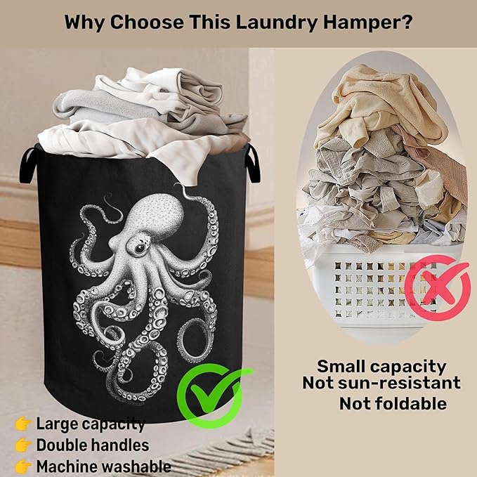 Black Octopus Laundry Basket - Heavy Duty 60L Dirty Clothes Organizer, Water Resistant Foldable Hamper for Men Women