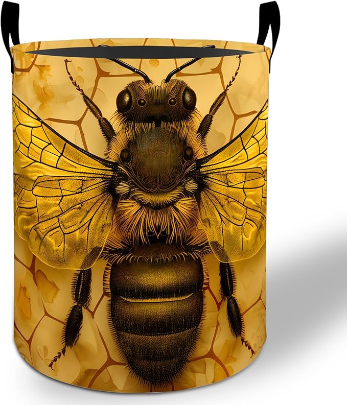 Bee Laundry Basket Hamper 19.7"x15.8", Honey Bee Foldable Waterproof Oxford Clothes Storage Bucket for Room Bathroom Bedroom Nursery Decor, Toy Organizer Bins Gifts for Kids Boys Girls