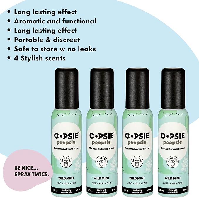 Oopsie Poopsie Pre Poop Spray - 4 Pack Natural Pre Poo Toilet Spray for Bathrooms, Trap Odors & Eliminate Embarrassment, 2oz Travel Size Pre Poo Air Freshener Spray (Wild Mint)