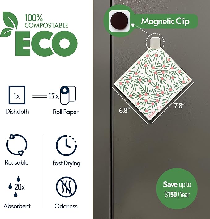 Eulnars Swedish Dishcloths for Kitchen, 8 Pack Green Reusable Paper Towels with Clips, Non-Scratch Swedish Kitchen Towels, Super Absorbent Cellulose Sponge Cloths, Dishwasher Safe, No Odor