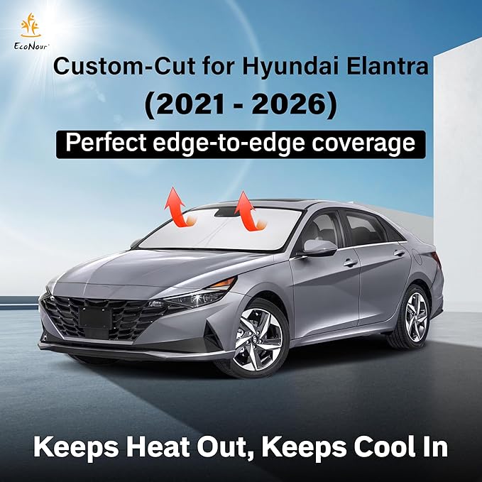 EcoNour Windshield Sun Shade Compatible for Hyundai Elantra 2021–2026 | Custom Fit Sedan Front Window Sunshade | Foldable Heat & UV Reflective Sun Visor