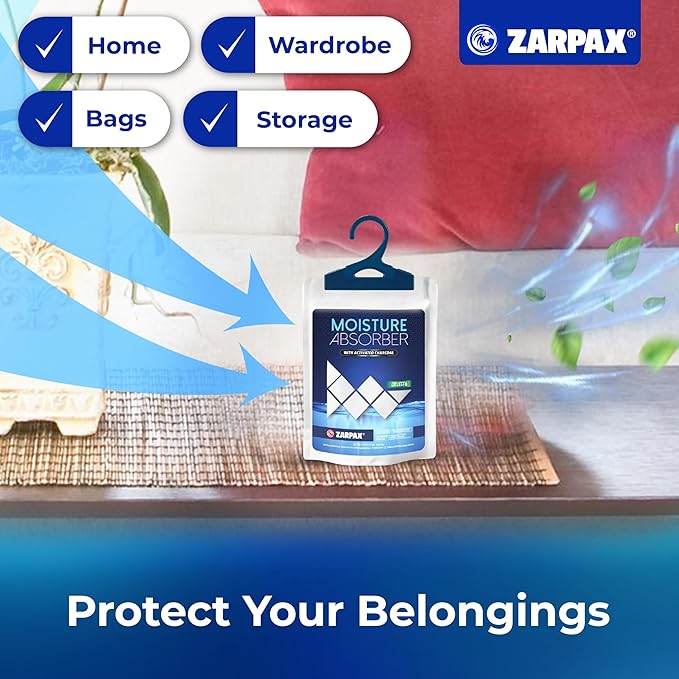 Zarpax Moisture Absorber Sachets Activated Charcoal 7.5 oz/212g - Remove Excess Moisture In Air & Odor - Desiccant Dehumidifier for Closet, Drawer, Storage - Dampness & Humidity Control - Set of 5