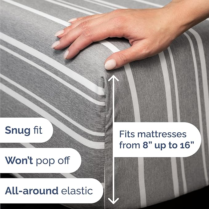 Twin 4 Piece Sheet Set - Comfy Breathable & Cooling - Soft Hotel Luxury Bedding Set with 8-16 Inch Deep Pockets - 1 Flat & 1 Fitted Sheet & 2 Pillowcases - Wrinkle Free & Easy Care - Grey Stripes 3