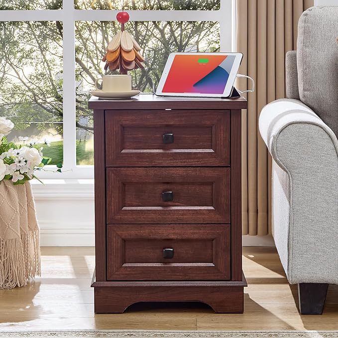 LIDYUK 3-Drawer Cherry Wood Dresser for Bedroom Farmhouse Dresser Chest of Drawers, 25" Tall Nightstand with Charging Station Chest of Drawers for Bedroom, Living Room