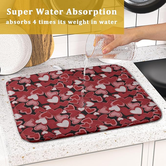 Valentines Day Dish Drying Mat for Kitchen Counter 18x16 Inch Love Drying Mat with Absorbent Reversible Microfiber Black Red Grey Heart Dish Drainer Mats Rack Pad for Coffee Countertop Protector