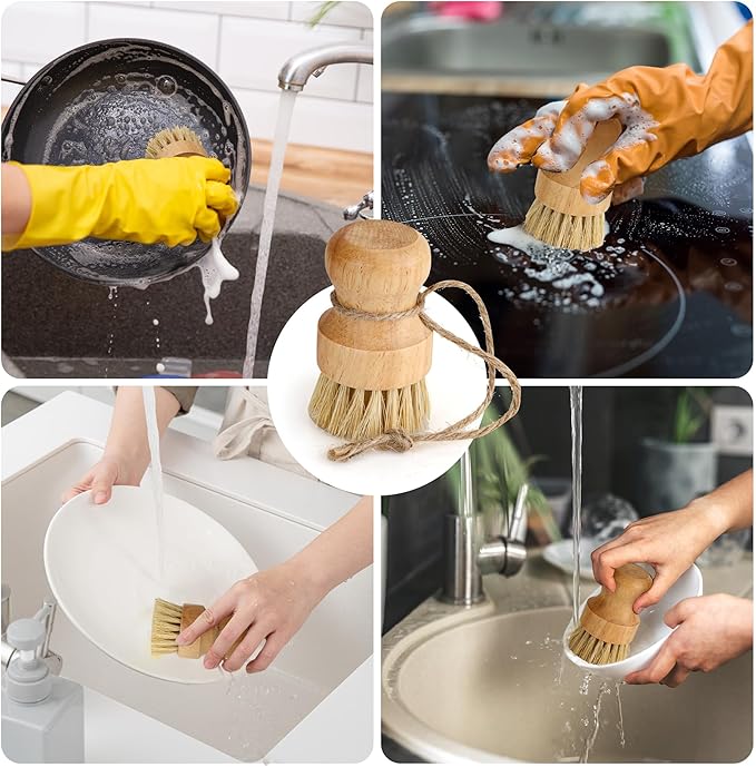 KEJJNYER 12 Pcs Bamboo Dish Brush, Wooden Bamboo Dish Scrub Brushes, Round Wooden Dishwashing Brush Sisal Bristles for Pan Pot Sink Kitchen Cleaning