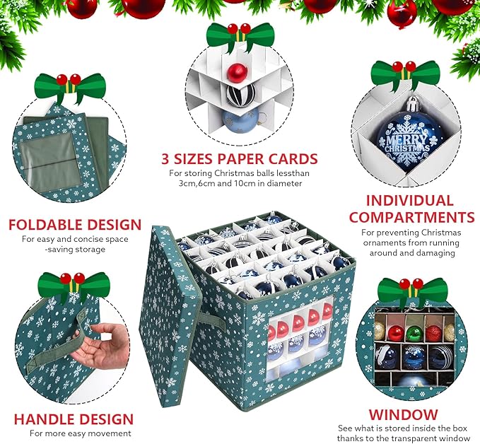 Christmas Ornament Storage Box, Green Snowflakes Christmas Ornament Boxes Storage, Fits 83 Christmas baubles 3cm-8cm, suitable for Holiday Ornaments - 600D Oxford Christmas Ornament Organizer