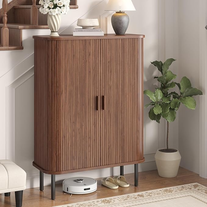 Shoe Storage Cabinet with Adjustable Shelves, 6-Tier Mid-Century Modern Shoe Organizer with Sliding Door, Shoe Storage Organizer for Entryway Hallway Living Room, Walnut