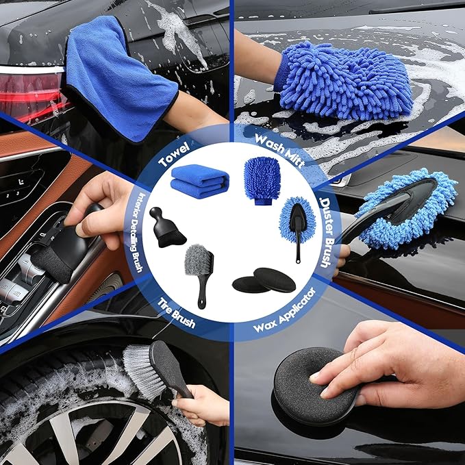 Qydipclin 42Pcs Car Detailing Kit, Car Detailing Brush Set, Car Wash Cleaning Kit, Car Detailing Brushes, Professional Car Care Kit for Interior Exterior Wheels, Blue