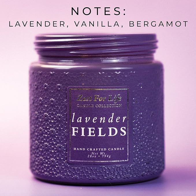 A Cheerful Giver - 28oz Large Scented Candle Jar with Lid- Zest for Life - 130 Hours of Burn Time, Gift for Women (Large, Lavender Fields)