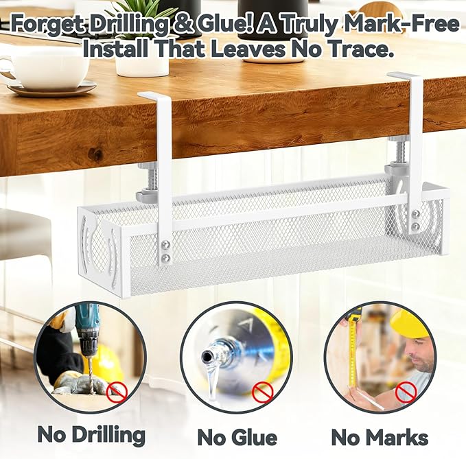 Cable Management, 15'' Under Desk Cable Management Tray No Drill, Metal Cable Organizer with Clamp for Wire Management, Cord Organizer for Home Office, Desk Accessories Organizer, White