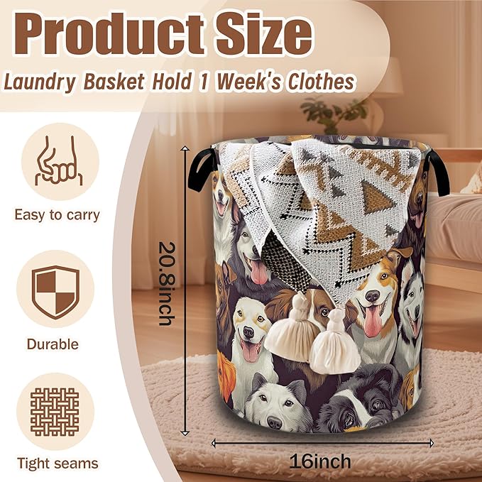 Laundry Hamper,Cute Dogs Collapsible Laundry Baskets Waterproof Oxford Cloth With Handles,Clothes Storage Bucket Toy Organizer For Bathroom/Nursery/Bedroom 16" x 20.8"