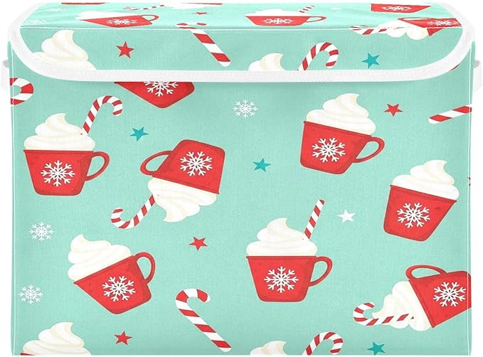 Red Mug Snowflake Whipped Cream Storage Bins with LidsChristmas Foldable Storage Basket with Handles Collapsible Large Fabric Organizer Containers for Clothes Shelves Closet Office Home