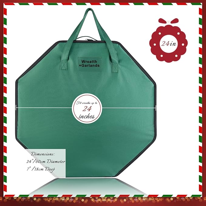 2 Pack Wreath Storage Christmas Garlands Bag with Interior Pockets Large Xmas Container Box for Holiday Decorations Case with Dual Zipper and Handles Window Labeling Card Slot 24" Green