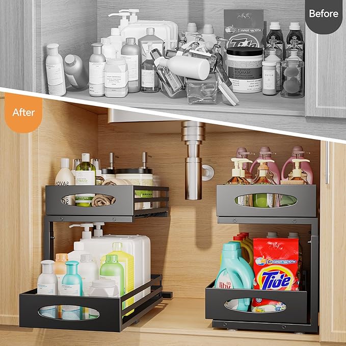 mixeshop Under Sink Organizer, 2 Tier Under Sink Organizers and Storage, Adjustable Height, Slide out Metal Cabinet Organizers, Pull out Cabinet Storage Drawer Shelf for Kitchen Bathroom Black 2Pack