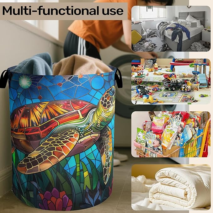 Sea Turtle Foldable Canvas Laundry Basket with Handles - Toy Organizer, Heavy Duty for Home，Bedroom, Dorm, Bathroom