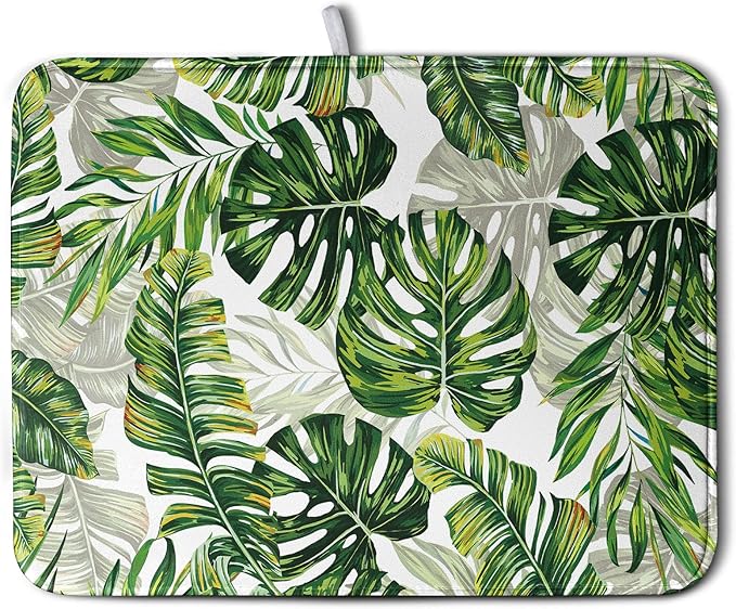 Kwlegh Tropical Palm Leaves Dish Drying Mat for Dishes 16x18 Inch Spring Green Monstera Leaf Drying Mat Watercolor Herbs Dish Drainer Mat Super Absorbent Dish Rack Pad for Coffee Bar Sinks