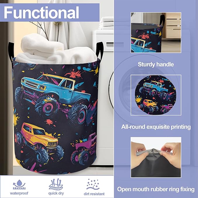 Colorful Trucks Laundry Hamper Large Canvas Fabric Lightweight Storage Basket/Dirty Clothes Collapsible Waterproof for College Dorms, Boys and Girls Bedroom,Bathroom