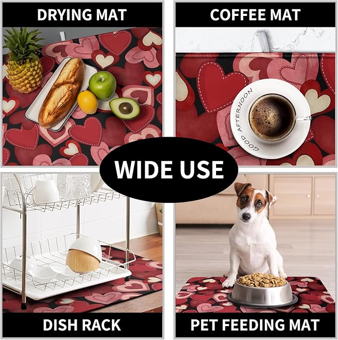 Kwlegh Valentine Dish Drying Mat for Kitchen Counter Red Black Love Heart Drying Pad Microfiber Absorbent Coffee Bar Mat Heat Resistant Countertop Protector Dishes Drainer Mat 18x24 Inch