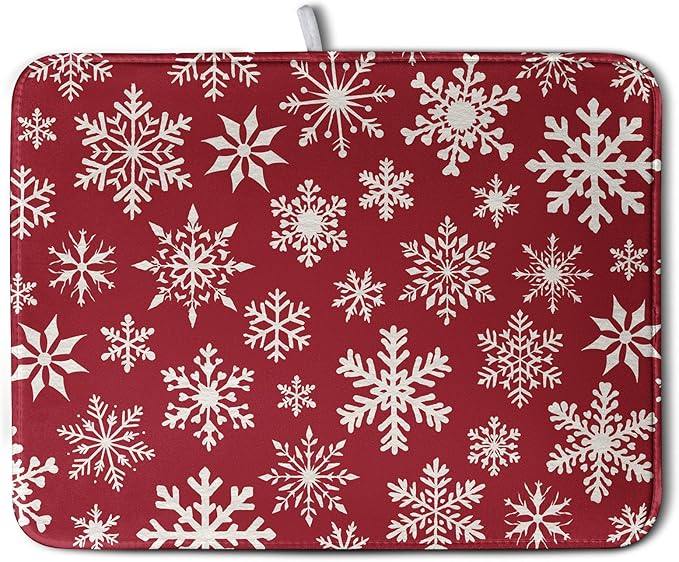 Kwlegh Christmas Snowflakes Dish Drying Mat for Kitchen Counter 18x24 Inch Red White Winter Xmas Pattern Dish Drying Pad for Dishes Microfiber Absorbent Dish Drainer Rack Mats for Countertop