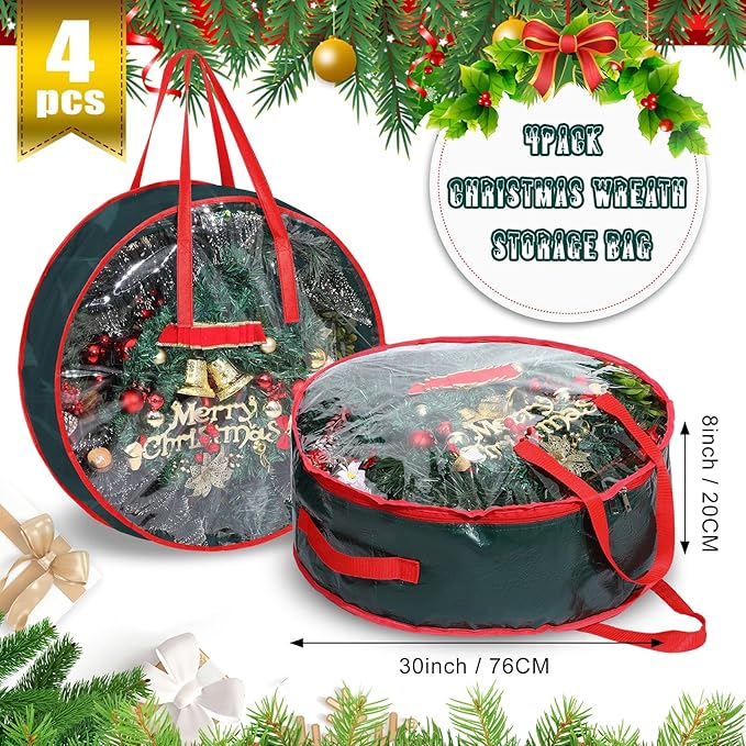 Shappy 4 Pcs Christmas Wreath Storage Bag Wreath Storage Container with Clear Window Plaid Box with Handles for Storing Garland Holiday Wrapping(Green,30 x 7 Inch)