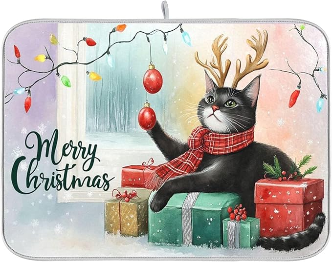 Merry Christmas Cat Dish Drying Mat for Kitchen Countertop 18x24 Winter Snow Kitty Xmas Reindeer Large Drying Mat Reusable Quick Dry Dish Sink Mats Easy Clean Decorative Essentials