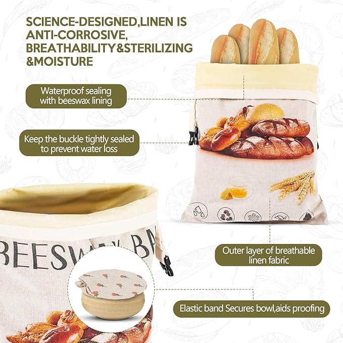 2026 New Upgrade 2-Pack Reusable Beeswax Bread Bags for Homemade Bread Sourdough, 17"×13"Natural XL Beeswax 100% Linen Moisture-proof Lined Storage Bags with Buckle& 1 Bowl Covers,Keeps Fresh Longer