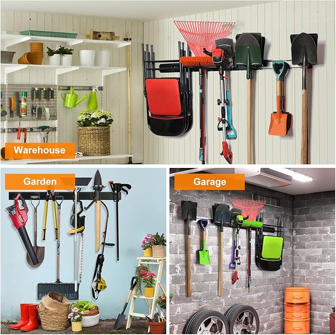 Garden Tool Organizer - Garage Storage Organization Wall Mount 48 Inches, 440lbs Adjustable Heavy Duty Metal Hooks,Yard Shed Organizer Rack Holder System Hanging Rake Broom Mop with 6 Adjustable Hooks