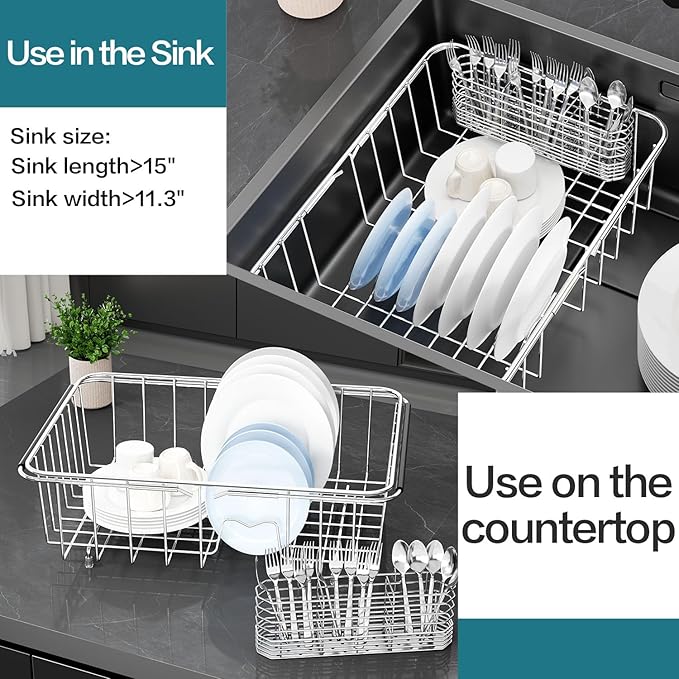 YZPGBT Large Dish Drying Rack in Sink Expandable, Adjustable 304 Stainless Steel Metal Dish Drainer Rack Organizer with Stainless Steel Utensil Holder Over Inside Sink Counter, Rustproof