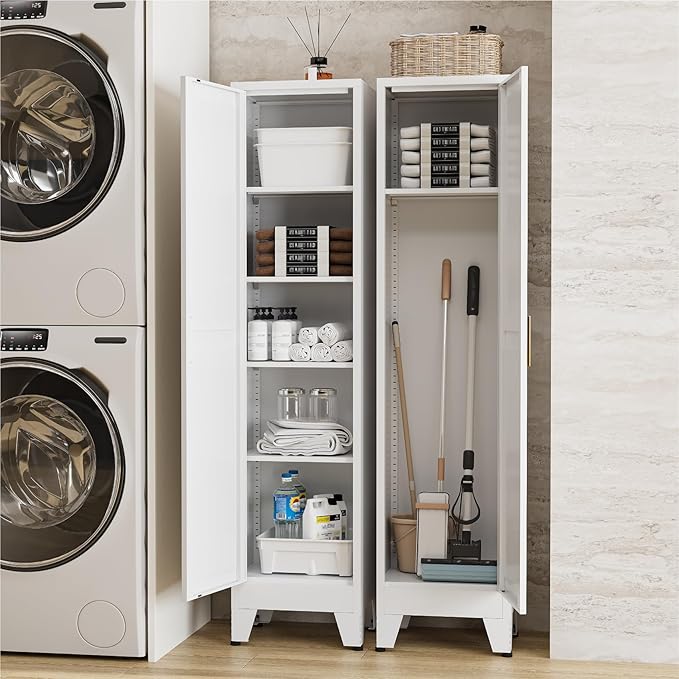 67" Tall Storage Cabinet with Reversible Doors and Adjustable Shelves,Metal Slim Freestanding Cabinets for Bathroom Kitchen Garage Small Spaces,White