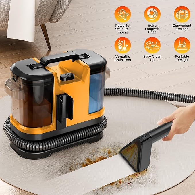Vaconly Portable Spot Cleaner Machine for Carpet and Upholstery - 18Kpa Carpet Cleaner with Dual BrushHeads, Easy Move, Cleaning Machine for Furniture, Couch, Stairs, Car and Pet Stain,Yellow