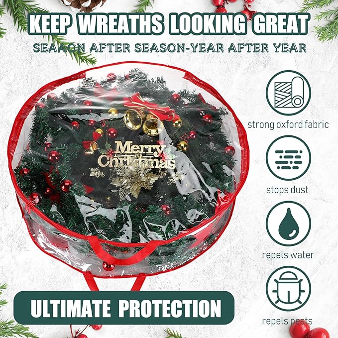 Shappy 6 Pcs 36 Inch Christmas Wreath Storage Container Clear Wreath Storage Bags PVC Waterproof Garland Bags with Clear Window Dual Zippers and Handles for Xmas Holiday Artificial Garland (Red)