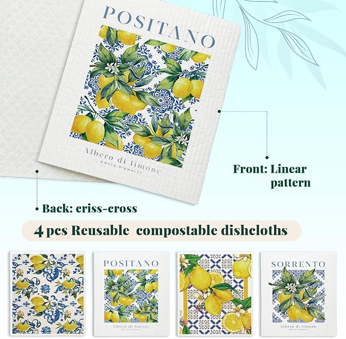 LARTSFRO Swedish Dishcloths for Kitchen, Papaya Reusable Paper Towels Washable, Vintage Floral Summer Lemon Swedish DishCloths for Friut, 4 Pcs Dish Towels for Kitchen, No Odor Cleaning Cloths