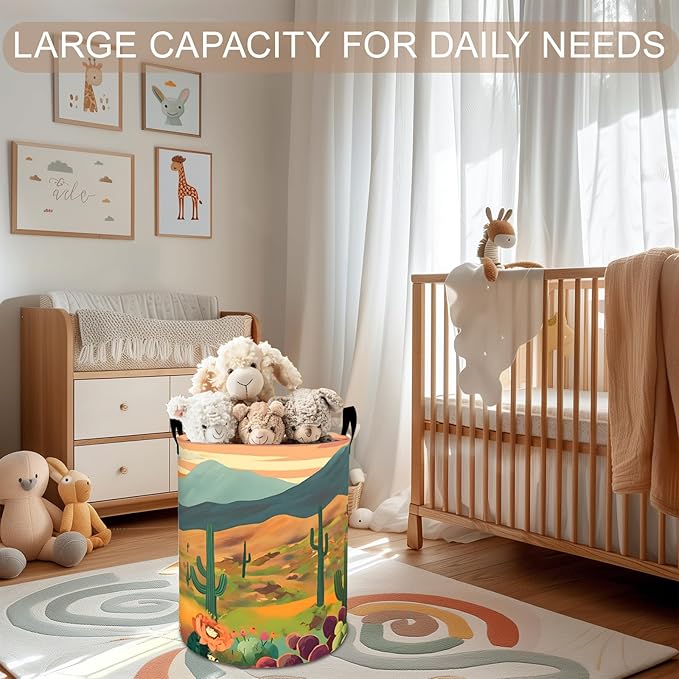 Desert Cactus Laundry Basket Hamper 19.7"x15.8", Southwestern Foldable Waterproof Oxford Clothes Storage Bucket for Room Bathroom Bedroom Nursery Decor, Toy Organizer Bins Gifts for Kids Boys Girls